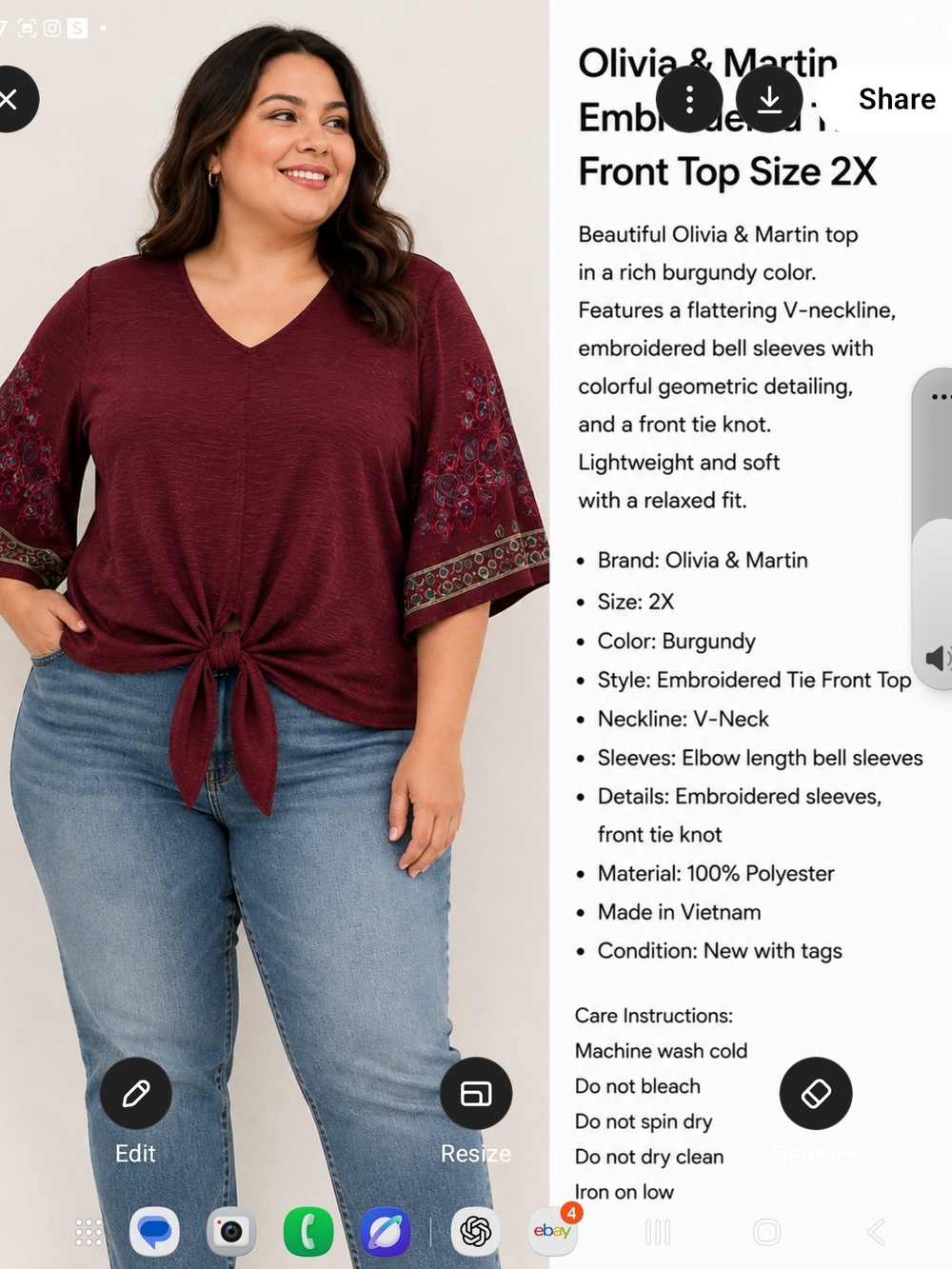 Olivia & Martin Burgundy Embroidered Tie-Front V-Neck Top